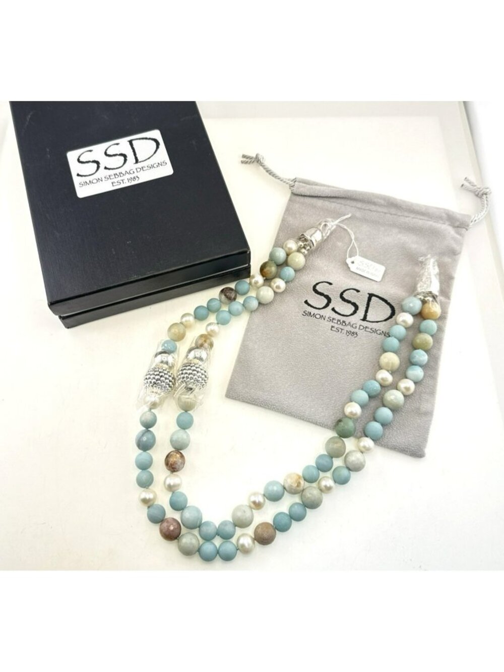 Simon Sebbag Necklace Pearl Blue Sterling Silver Chunky Modern New Double Strand
